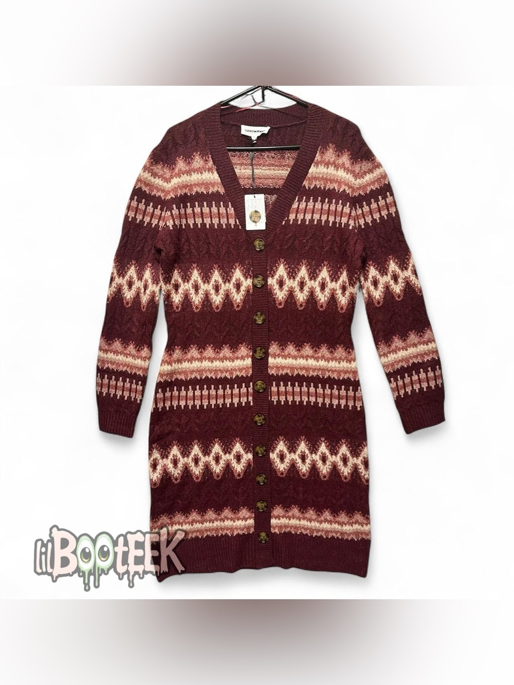 Lucky Brand Ladies LG Wine Red Burgundy Patterned Long Button Up Sweater NWT